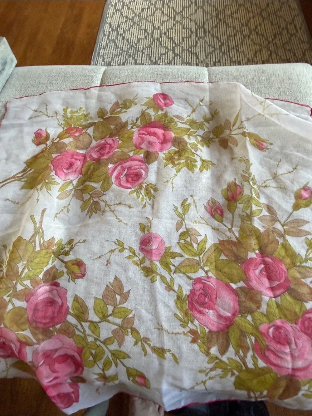 Vintage Made in Italy Floral Rose Nylon Scarf Pink Ivory 28x28